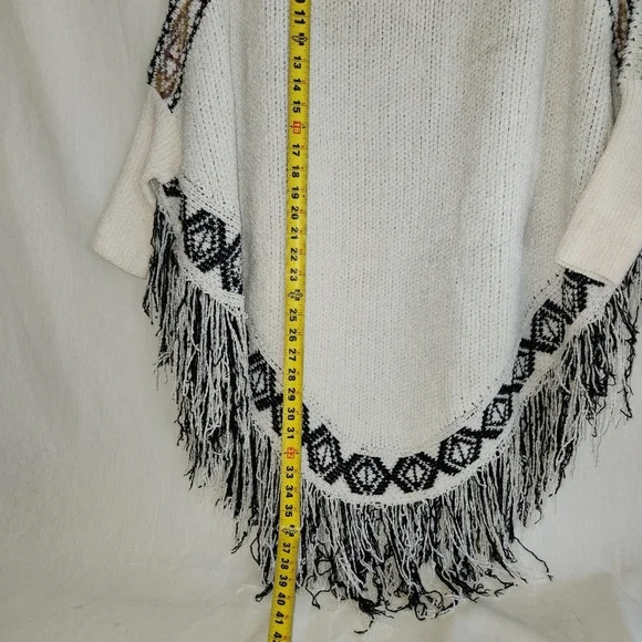 Fringed Knit Chenille Sweater Poncho - White and Black With Tan Detail. Western - Picture 4 of 5